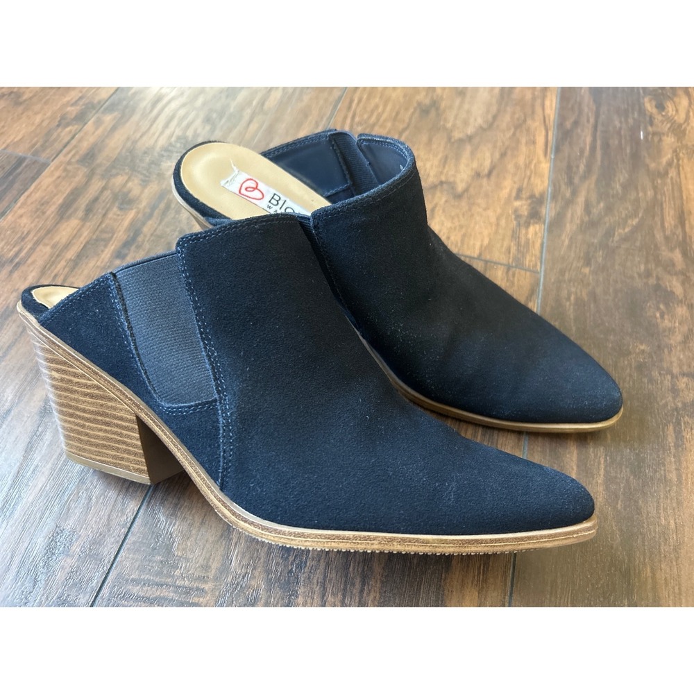 Blondo Norm Women's 11 Waterproof Suede Mules Navy Blue Pointed Toe Block Heel